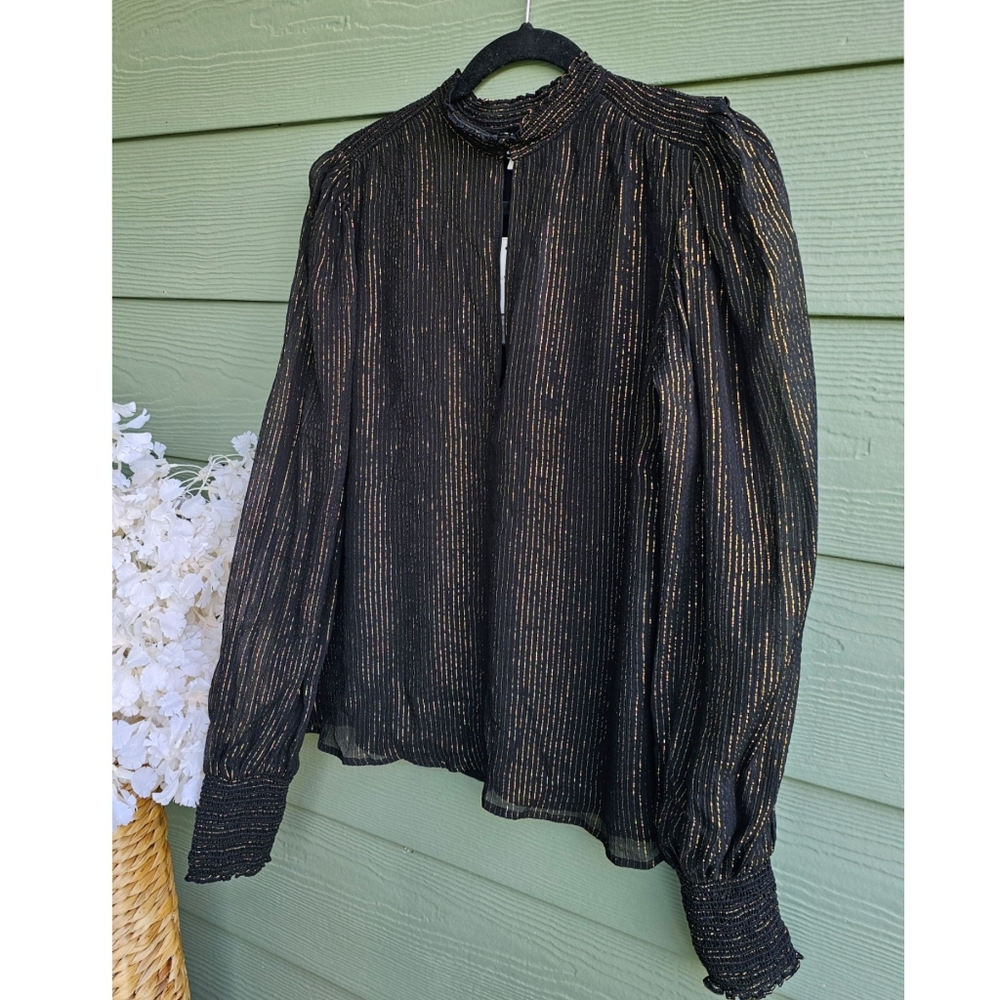 A.L.C Black Metallic Gold Allover Stripes, Mock Neck Long Sleeve Silk Blous Top - Picture 6 of 7
